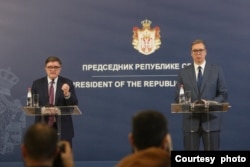 Konferencija za novinare Džejsma O'Brajana sa predsednikom Srbije Alesksandrom Vučićem, nakon razgovora koji su vodili u Predsedništvu Srbije, u Beogradu, 20. aprila 2024. (Foto: FoNet)