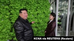 Pemimpin Korea Utara Kim Jong Un dan putrinya Kim Ju Ae mengunjungi Rumah Kaca Gangdong di Korea Utara, dalam gambar yang dirilis pada 16 Maret 2024. (Foto: KCNA via REUTERS)