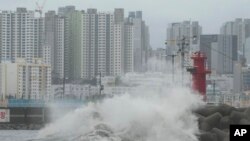 Gelombang tinggi menerjang pantai di Busan, Korea Selatan, saat Topan Khanun mendekati pada 10 Agustus 2023. (Foto: AP)
