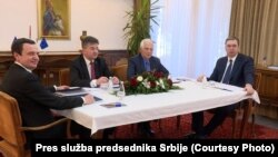 Trilateralni sastanak u Ohridu: Aljbin Kurti, Miroslav Lajčak, Žozep Borelj, Aleksandar Vučić, 18. mart 2023. (Foto: Pres služba predsednika Srbije)