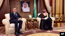 U.S. Secretary of State Antony Blinken, left, meets with Saudi Arabia's Crown Prince Mohammed bin Salman in Jeddah, Saudi Arabia, June 7, 2023. Blinken arrived in Saudi Arabia Tuesday on a trip to strengthen strained ties with the longtime ally.
