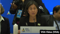 视频截图：美国贸易代表戴琪大使在底特律召开的2023年亚太经合组织部长会议上致辞。（2023年5月25日）
