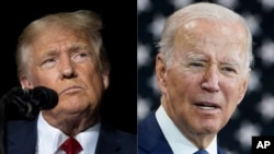 FILE - Kombinasi foto: Mantan Presiden AS Donald Trump (kiri) di Minden, Neveda, 8 Oktober 2022, dan Presiden Joe Biden (kanan) di Hagerstown, Maryland, 7 Oktober 2022.