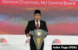 Ketua Umum PBNU Yahya Cholil Staquf menyampaikan ASEAN Intercultural and Interreligious Dialogue Conference menjadi forum yang mendorong tumbuhnya harmoni, toleransi dan perdamaian. (VOA/Indra Yoga)