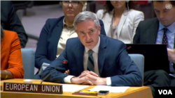 유럽연합의 장노엘 라두아 유엔주재 부대사가 11일 유엔 안전보장이사회 회의에서 발언하고 있다.
