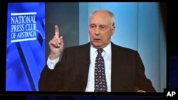 Mantan PM Australia Paul Keating muncul melalui tautan video di National Press Club, Canberra, Rabu, 15 Maret 2023. (Gambar Mick Tsikas/AAP via AP)