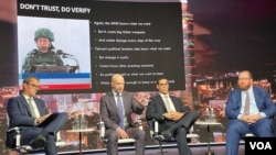 曾在台湾协训陆战队人员的美国乔治梅森大学教授麦克·亨泽克(左2）在华盛顿智库卡托研究所举办的“台湾对不对称防卫的急迫需求”座谈会发言。(2024年3月14日，美国之音锺辰芳拍摄 )