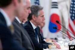 토니 블링컨 미국 국무장관이 28일 워싱턴 국무부 청사에서 열린 미한 외교장관 회담에 참석했다.