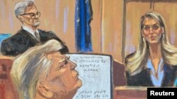 Hope Hicks, former aide to former U.S. President Donald Trump, testifies during Trump's criminal trial before Justice Juan Merchan in Manhattan state court in New York City, May 3, 2024, in this courtroom sketch.
