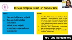 Psikolog Klinis Wangsa Ayu Vidya Loka menjelaskan mitos dan fakta terkait persepsi mengenai bunuh diri, disampaikan dalam webinar Hari Pencegahan Bunuh Diri Sedunia, Senin (11 September 2023). (Foto: Tangkapan Layar/YouTube Direktorat Kesehatan Jiwa)