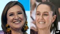 FILE - This combo image shows opposition presidential candidate Xochitl Galvez, left, on July 4, 2023, and presidential frontrunner Claudia Sheinbaum, on May 29, 2024, both in Mexico City.