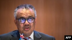 FILE - Direktur Jenderal Organisasi Kesehatan Dunia (WHO) Tedros Adhanom Ghebreyesus (kanan) menyampaikan pidatonya pada hari pembukaan Majelis Kesehatan Dunia ke-77, di Jenewa, 27 Mei 2024. (Fabrice COFFRINI / AFP)