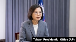 FILE - Taiwan's President Tsai Ing-wen speaks in Taipei, April 11, 2023.
