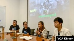 Activists from Cambodia's Mother Nature speak at a public event after receiving the Right Livelihood Award, in Phnom Penh, on September 28, 2023. (Lors Liblib/VOA Khmer)