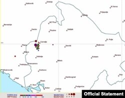 Mapa Crne Gore sa označenim epicentrom serije zemljotresa koji su pogodili istok Crne Gore rano izjutra 14. marta 2024. (Foto: Zavod za seizmologiju Crne Gore)