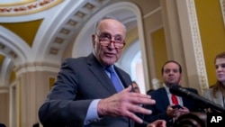 Pemimpin Mayoritas Senat AS Chuck Schumer dari New York bertemu dengan wartawan untuk membahas upaya meloloskan RUU pengeluaran terakhir untuk menghindari penutupan sebagian pemerintah, di Capitol di Washington, 20 Maret 2024. (Foto: J. Scott Applewhite/AP Photo)