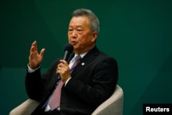 台湾汉翔董事长胡开宏在台北举行的美台国防产业合作论坛上讲话。（2023年5月3日）