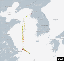 북한 유조선 남산8호의 최근 항적. 중간중간 위치 신호 장치를 끈 채 동중국해를 다녀온 사실을 알 수 있다. 자료=MarineTraffic