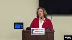 수전 숄티 디펜스포럼 의장이 19일 하원 레이번 빌딩에서 개최한 탈북민 증언 행사에서 발언했다.