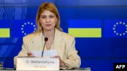 Deputy Prime Minister for European and Euro-Atlantic Integration of Ukraine Olga Stefanishyna speaks at a press conference after the start of Ukraine's EU accession talks at the EU Council building in Luxembourg, June 25, 2024.