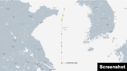 안보리의 제재를 받고 있는 북한 유조선 천마산호가 북한 서해에서 남하한 뒤 동쪽 방향으로 항해 중이다. 자료=MarineTraffic