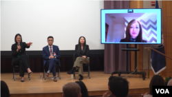 19일 '비욘드 유토피아' 상영회에서 영화 상영 뒤 줄리 터너 국무부 북한인권특사와 탈북민 김두현 씨, 북한 인권 단체 LiNK의 송하나 대표, 수미 테리 전 국가안보회의 보좌관 (왼쪽부터) 등이 청중들과 대담하고 있다.