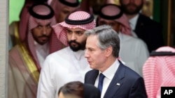 Secretary of State Antony Blinken looks on as he attends a joint news conference with Saudi Arabia's Foreign Minister Prince Faisal bin Farhan at the Intercontinental Hotel in Riyadh, Saudi Arabia, June 8, 2023. (Ahmed Yosri/Pool Photo via AP)