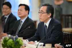 조태열 한국 외교장관이 28일 워싱턴 국무부 청사에서 열린 미한 외교장관 회담에서 발언하고 있다.