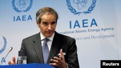 라파엘 그로시 국제원자력기구(IAEA) 사무총장이 22일 오스트리아 빈에서 열린 IAEA 정기 이사회에서 발언하고 있다.