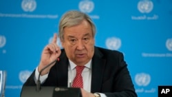 FILE - U.N secretary General Antonio Guterres addresses the media during a visit to the U.N. office in the capital Nairobi, Kenya on , May 3, 2023. 