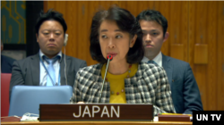 13일 뉴욕 유엔본부에서 ‘국제 평화와 안보에 대한 위협’을 주제로 안보리 회의가 열린 가운데, 유엔 주재 일본대표부의 시노 미츠코 차석대사가 발언했다.
