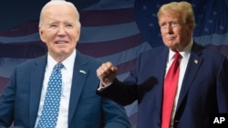 រូបផ្គុំ៖ ប្រធានាធិបតី​សហរដ្ឋអាមេរិក​លោក Joe Biden ដែលជាបេក្ខជននាំមុខនៃគណបក្សប្រជាធិបតេយ្យ និងអតីតប្រធានាធិបតីលោ Donald Trump ដែលជាបេក្ខជននាំមុខនៃគណបក្សសាធារណរដ្ឋ។ 