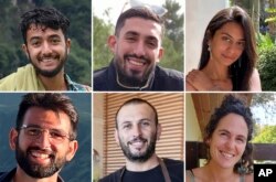 Para sandera, dari kiri atas, Hersh Goldberg-Polin, Ori Danino, Eden Yerushalmi, dari kiri bawah, Almog Sarusi, Alexander Lobanov, dan Carmel Gat, yang disandera oleh militan Hamas di Gaza. (Foto: via AP)