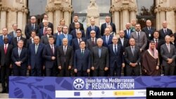 The European Union's foreign policy chief Josep Borrell (first row, 5th from right) and other officials pose for a group photo during the Union for the Mediterranean forum in Barcelona, Spain, Nov. 27, 2023.