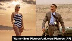 This combination of images shows undated photos of Margot Robbie, left, in a scene from "Barbie," and Cillian Murphy in a scene from "Oppenheimer." Both films were blockbusters in 2023. (Warner Bros Pictures/Universal Pictures via AP)