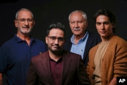 Dari kiri: Gustavo Zerbino, sutradara J. A. Bayona, penulis Pablo Vierci, dan aktor Enzo Vogrincic dalam promosi film "Society of the Snow" di Los Angeles, Jumat, 27 Oktober 2023. (AP/Ashley Landis)