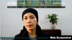 Farisa So, Principal Deputy Director of the Documentation Center of Cambodia, speaks virtually at the 75th anniversary of the Convention on the Prevention and Punishment of the Crime of Genocide on December 9, 2023. (UN Web TV)