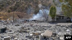 A partial view shows the aftermath of Iranian cross-border attacks in the area of Zargwez, on Sept. 28, 2022. Iran launched cross-border missile and drone strikes that killed nine people in Iraq's Kurdistan region after accusing Kurdish armed groups based there of stoking unrest.