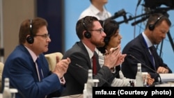 FILE - The U.S. delegation led by Thomas West, center, special representative on Afghanistan, held bilateral talks with the Taliban following the international conference in Tashkent, Uzbekistan, July 26, 2022. (mfa.uz) 