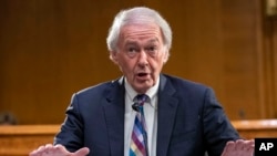 FILE - Sen. Ed Markey, D-Mass., speaks during a Senate Foreign Relations committee hearing on the Fiscal Year 2023 Budget in Washington, Apr. 26, 2022. 
