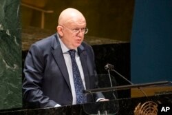 Vasily Nebenzya, Permanent Representative of Russia to the United Nations, speaks during an emergency meeting of the U.N. General Assembly, Feb. 28, 2022, at United Nations Headquarters in New York.