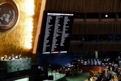 រូបឯកសារ៖ ទិដ្ឋភាព​ទូទៅ​បង្ហាញពី​លទ្ធផល​នៃ​ការបោះឆ្នោត​ក្នុង​សម័យ​ប្រជុំ​ពិសេស គ្រាអាសន្ន​លើក​ទី១១ នៃ​មហាសន្និបាត​អង្គការ​សហប្រជាជាតិ​ស្តីពី​ការឈ្លានពាន​របស់​រុស្ស៊ី​លើ​អ៊ុយក្រែន នៅទីស្នាក់ការ​អង្គការ​សហប្រជាជាតិ​នៅក្នុងNew York កាលពី​ថ្ងៃទី២ ខែមីនា ឆ្នាំ២០២២។