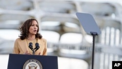 Vice President Kamala Harris speaks near the Edmund Pettus Bridge in Selma, Ala., on the anniversary of "Bloody Sunday," a landmark event of the civil rights movement, March 6, 2022.