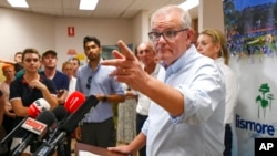 2022年3月9日，澳大利亚总理莫里森（Scott Morrison）在利斯莫尔召开的一次记者会上回答记者问。