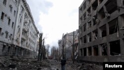 A view shows buildings damaged by recent shelling during Russia's invasion of Ukraine in Kharkiv, Ukraine, March 8, 2022.