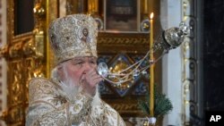 Russian Orthodox Patriarch Kirill celebrates a Christmas service at Christ the Savior Cathedral in Moscow, Russia, Jan. 6, 2023.