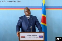 FILE - Democratic Republic of Congo, Felix Tshisekedi speaks during a press conference at the Palace of the Nation in Kinshasa, Nov. 21, 2022.