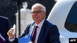 High Representative of the European Union for Foreign Affairs and Security Policy Josep Borrell reacts upon his arrival in Skopje, North Macedonia, March 14, 2022. 