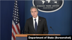 资料照片: 布林肯在华盛顿外国新闻中心向媒体发表讲话，以纪念世界新闻自由日。