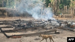 A dog runs past the burning remains of a building after airstrikes and mortar attacks by the Myanmar military, according to the Free Burma Rangers, on a village in Doo Tha Htoo district in Myanmar's eastern Kayin state. (Photo by Handout / Free Burma Rangers / AFP)